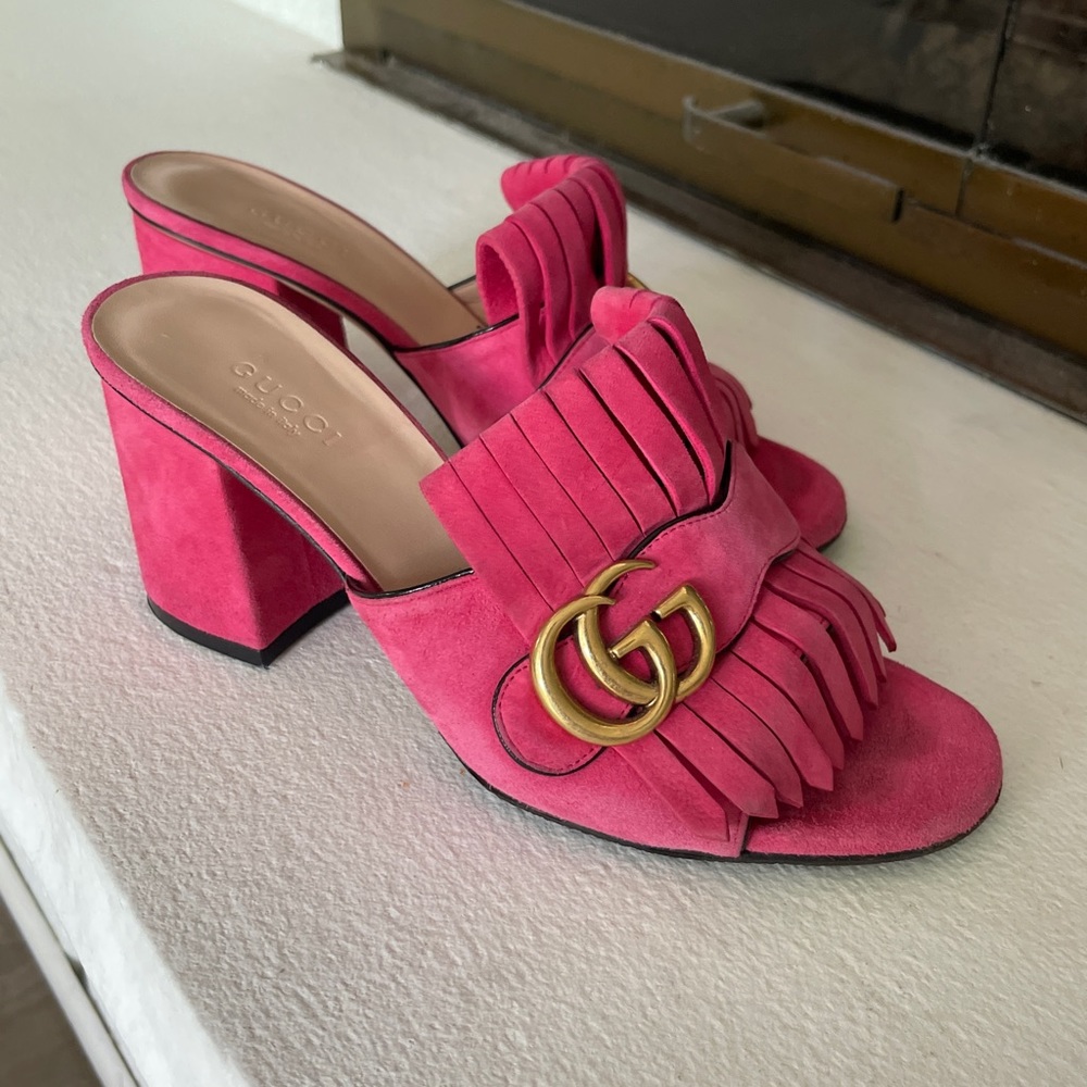 Gucci Hot Pink Suede Fringe Double G Block Heel Mules - Picture 3 of 16